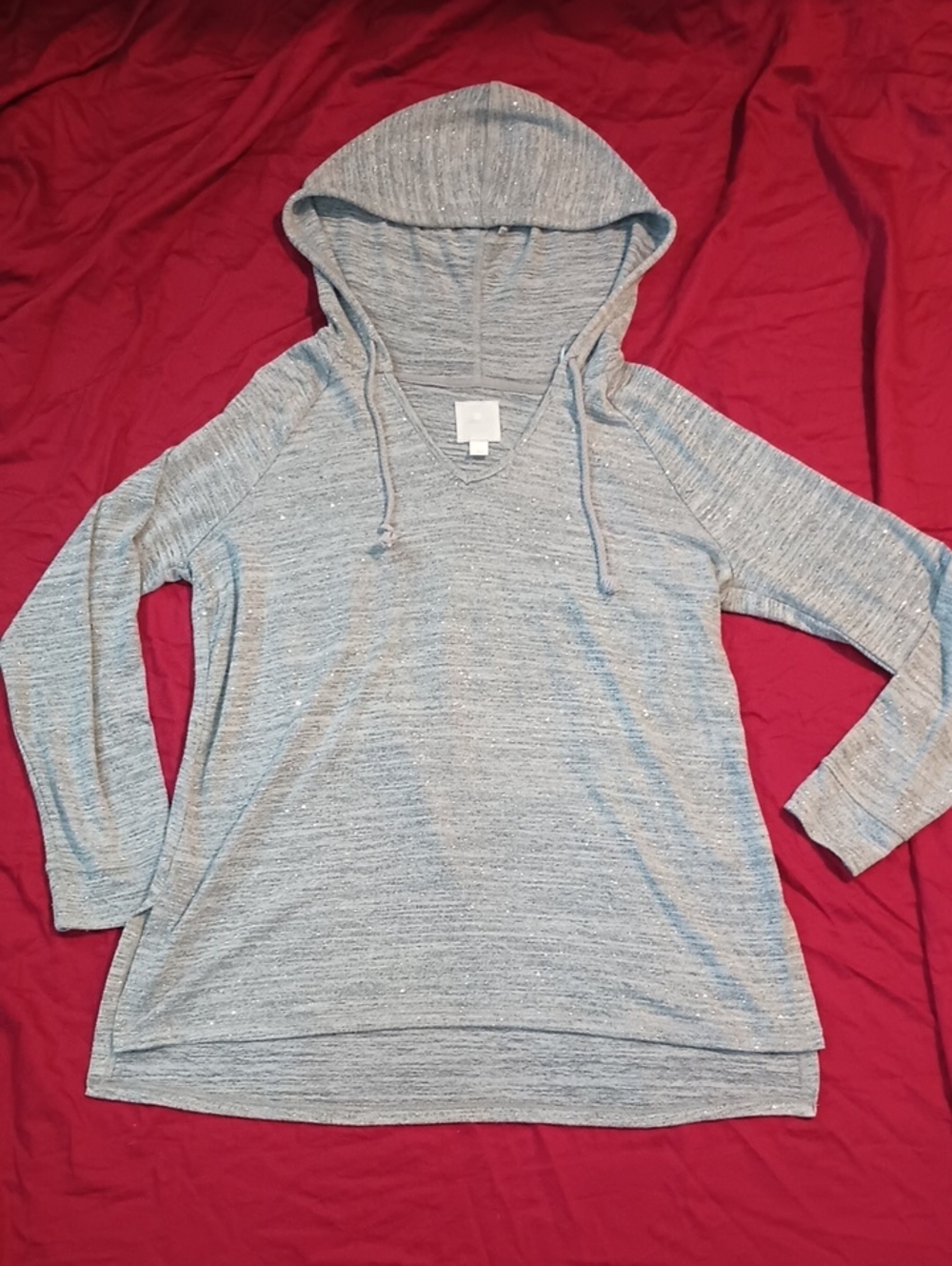 sundays Light Gray Sparkle Hooded Knit Pullover Woman's L Like New Unique Fun